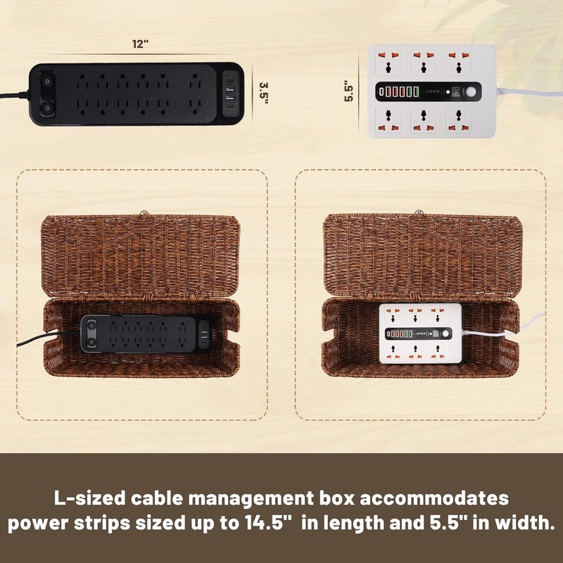 BROWNLILY Cable Management Box, Rattan Style Cord Organizer for Desk Cord Hider Outlet Covers Baby Proofing for Power Strip TV PC Router Charger Under Desk Storage with Lockable Lid and Cable Ties - Image 4